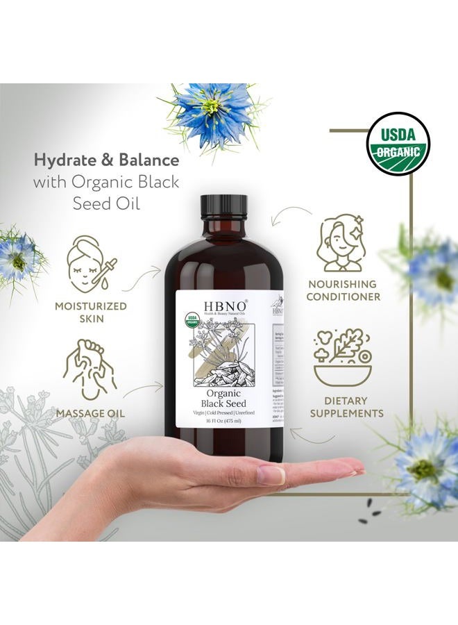 hbno Organic Black Seed Oil - Huge 16 oz (475ml) Glass Bottle Value Size - USDA Certified Organic Black Seed Oil, Cold Pressed for Face, Body, Lips, Shampoo & Conditioner - Image 2