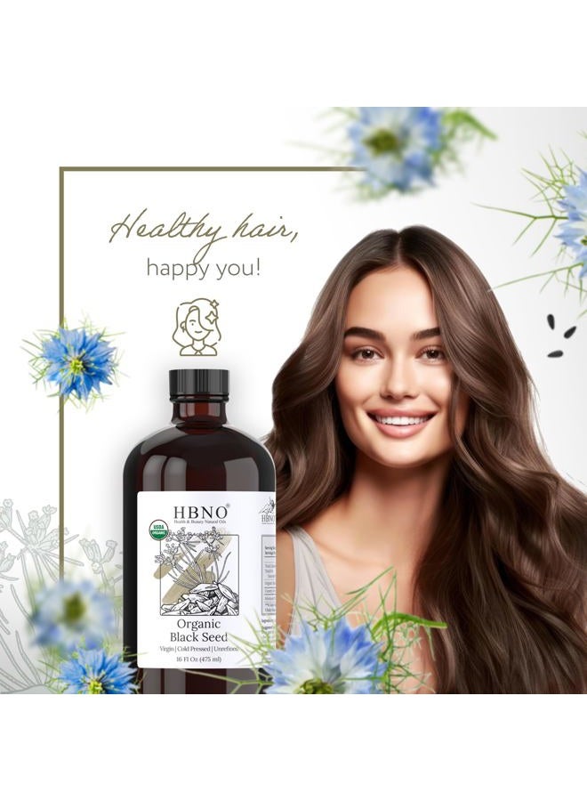 hbno Organic Black Seed Oil - Huge 16 oz (475ml) Glass Bottle Value Size - USDA Certified Organic Black Seed Oil, Cold Pressed for Face, Body, Lips, Shampoo & Conditioner - Image 5