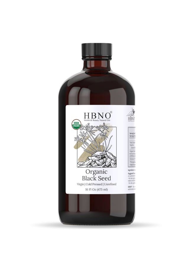 hbno Organic Black Seed Oil - Huge 16 oz (475ml) Glass Bottle Value Size - USDA Certified Organic Black Seed Oil, Cold Pressed for Face, Body, Lips, Shampoo & Conditioner - Image 1