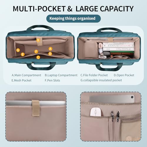 ESTARER Teacher Tote Bag for Women 2Pcs,15.6 Inch Laptop Work Bag Computer bag w/Expandable File Folder, Large Water-Resistant Messenger Handbags w/Insulated Pocket for Office/Travel/College, Teal - Image 3