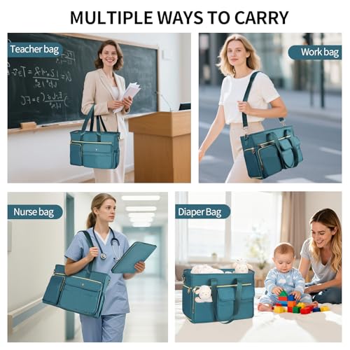 ESTARER Teacher Tote Bag for Women 2Pcs,15.6 Inch Laptop Work Bag Computer bag w/Expandable File Folder, Large Water-Resistant Messenger Handbags w/Insulated Pocket for Office/Travel/College, Teal - Image 2