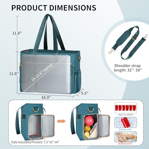ESTARER Teacher Tote Bag for Women 2Pcs,15.6 Inch Laptop Work Bag Computer bag w/Expandable File Folder, Large Water-Resistant Messenger Handbags w/Insulated Pocket for Office/Travel/College, Teal - Image 4