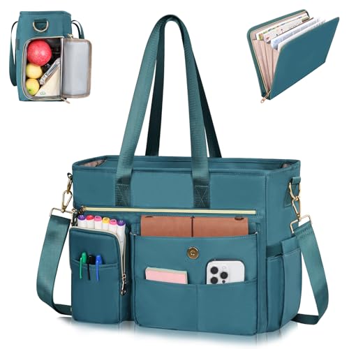 ESTARER Teacher Tote Bag for Women 2Pcs,15.6 Inch Laptop Work Bag Computer bag w/Expandable File Folder, Large Water-Resistant Messenger Handbags w/Insulated Pocket for Office/Travel/College, Teal - Image 1