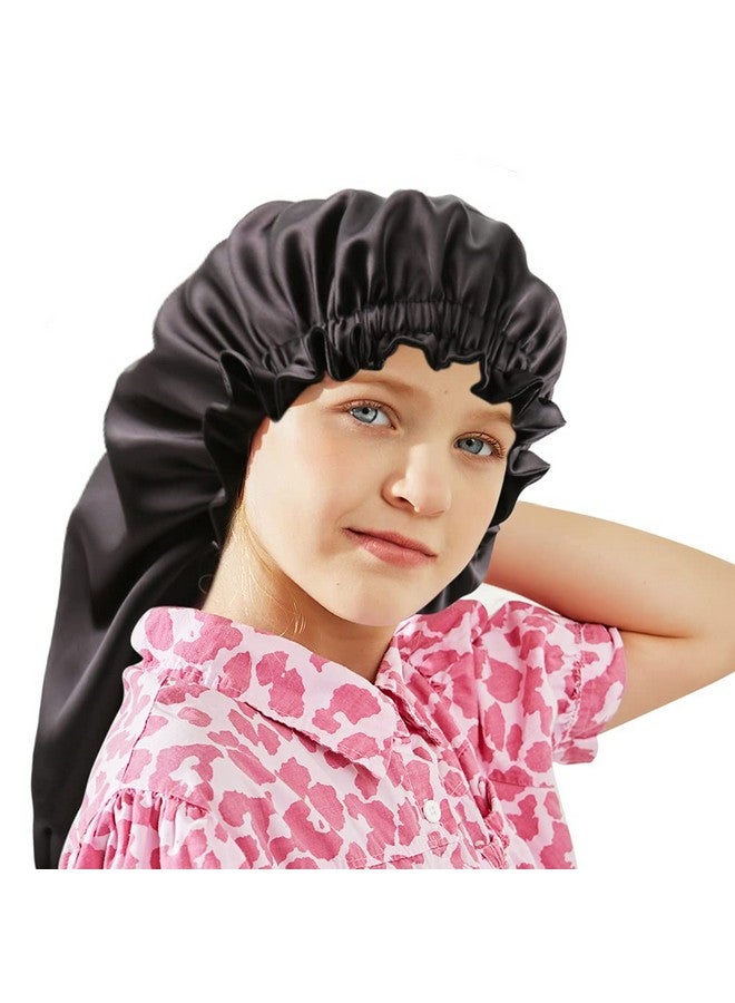ELIHAIR Kids Long Sleeping Cap Teens Toddler Child Hair Bonnets Night Sleep Cap Adjustable Silky Satin Bonnet Cap For Long Braids Curly Hair Jet Black - Image 2