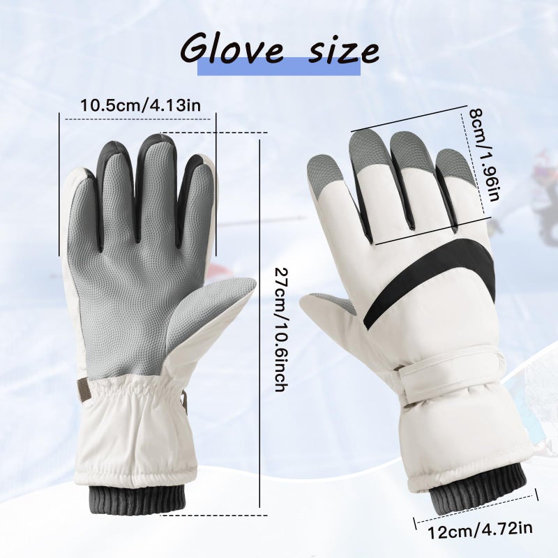Feelorna Women Ski Gloves, Windproof Thermal Touchscreen Gloves Waterproof Winter Warm Snow Glove for Skiing Cycling Outdoor Sports (White Black) - Image 2