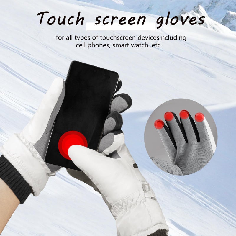 Feelorna Women Ski Gloves, Windproof Thermal Touchscreen Gloves Waterproof Winter Warm Snow Glove for Skiing Cycling Outdoor Sports (White Black) - Image 4