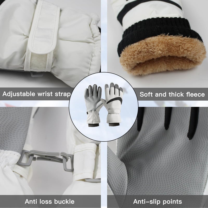 Feelorna Women Ski Gloves, Windproof Thermal Touchscreen Gloves Waterproof Winter Warm Snow Glove for Skiing Cycling Outdoor Sports (White Black) - Image 3