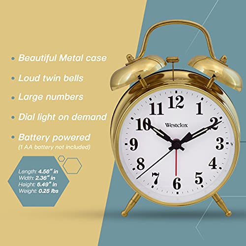 Westclox Big Ben Twin Bell Alarm Clock | Loud Alarm Clock for Heavy Sleepers | Battery Operated Clock with Backlight for Bedside Table, Bedroom, Kids Room, Desk (Gold, 4") - Image 2