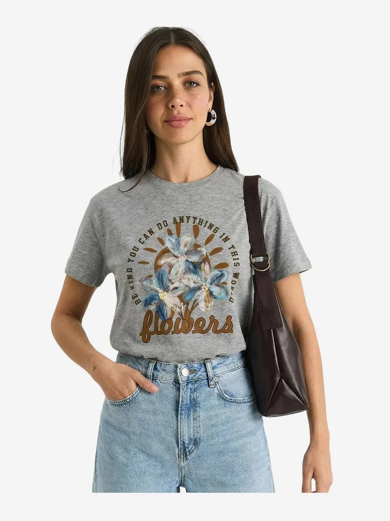 Bianco Lucci Grey LUCCI Floral Crew Neck Knitted T-Shirt for Women | Best Price UAE