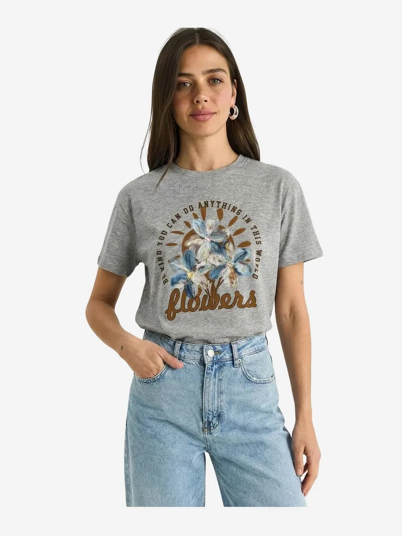 Bianco Lucci Grey LUCCI Floral Crew Neck Knitted T-Shirt for Women | Best Price UAE