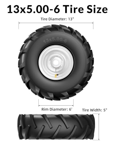 RONPOW 13x5.00-6 Rear Tine Tiller Tire and Wheel, 3/4" Axle Bore, 500Lbs Load, Easy to Install, 4 Ply Durable Pneumatic Replacement Rototiller Assembly for Garden Tiller & Farm Equipment, 2Pack Silver - Image 2
