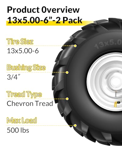 RONPOW 13x5.00-6 Rear Tine Tiller Tire and Wheel, 3/4" Axle Bore, 500Lbs Load, Easy to Install, 4 Ply Durable Pneumatic Replacement Rototiller Assembly for Garden Tiller & Farm Equipment, 2Pack Silver - Image 5