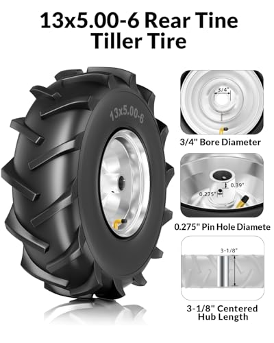 RONPOW 13x5.00-6 Rear Tine Tiller Tire and Wheel, 3/4" Axle Bore, 500Lbs Load, Easy to Install, 4 Ply Durable Pneumatic Replacement Rototiller Assembly for Garden Tiller & Farm Equipment, 2Pack Silver - Image 4