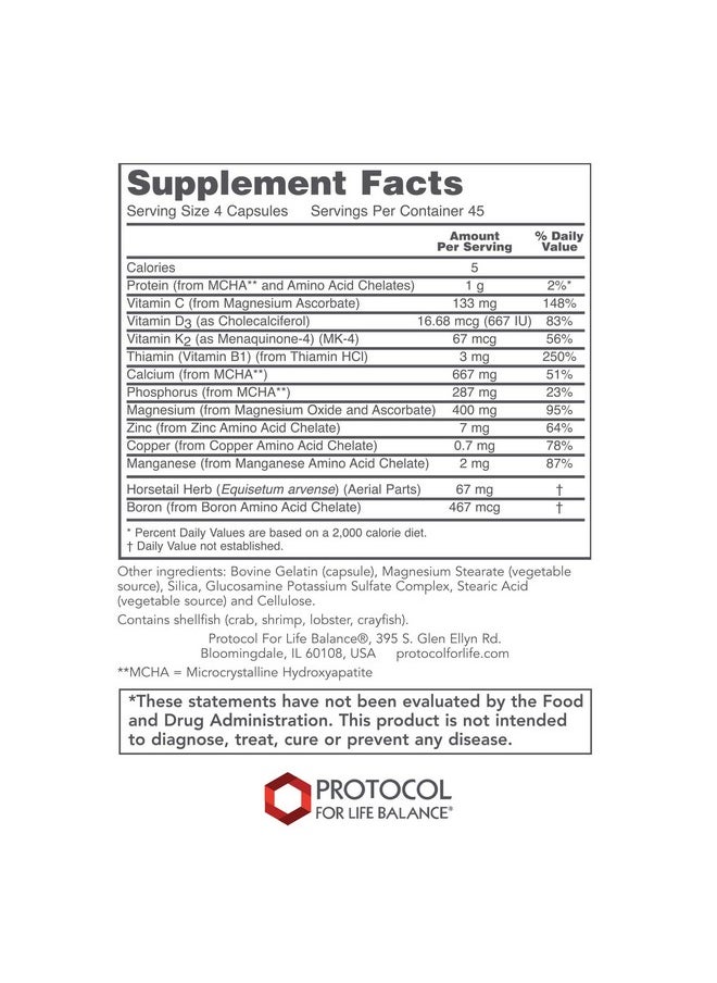 Protocol For Life Balance - Protocol Bone Support Formula - for Bone Strength & Density* - with Calcium Hydroxyapatite, Boron & Phosphorus - Supplement for Teeth & Bone Health* - Dairy & Soy Free - 180 Caps - Image 1