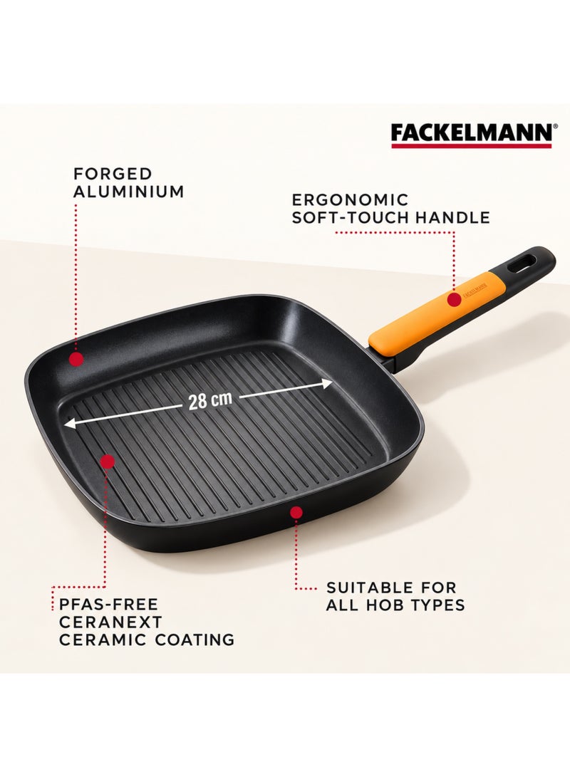 FACKELMANN Soft Collection 28cm Non-Stick Grill Pan, Forged Aluminium with Greblon CK2 Ceramic Coating, 4cm Deep, Ribbed Grill Surface, Oven Safe up to 150°C - Image 3