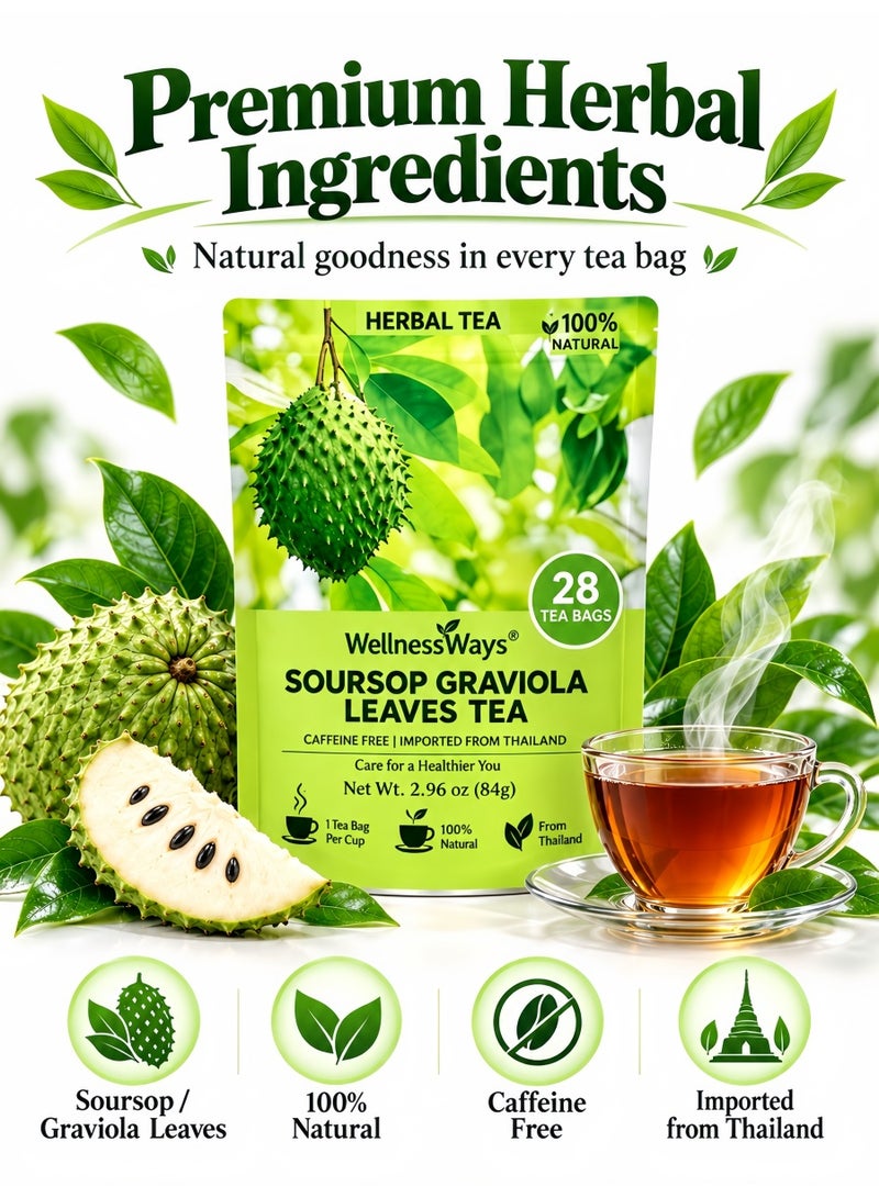 WelnessWays WellnessWays Soursop Graviola Leaves Tea, 28 Tea Bags, 100% Natural Herbal Tea Sourced from Thailand, Caffeine-Free, Antioxidant & Immune Support, Boost Metabolism & Energy, Daily Wellness Herbal Tea - Image 2