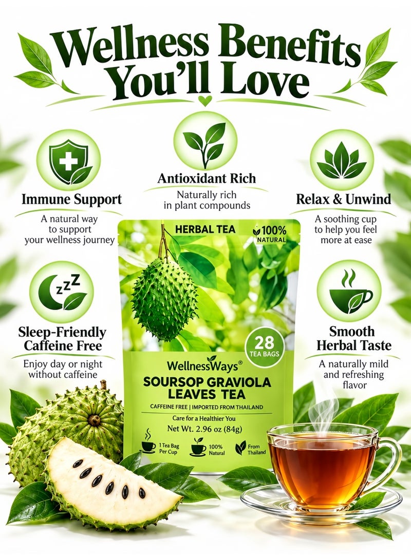 WelnessWays WellnessWays Soursop Graviola Leaves Tea, 28 Tea Bags, 100% Natural Herbal Tea Sourced from Thailand, Caffeine-Free, Antioxidant & Immune Support, Boost Metabolism & Energy, Daily Wellness Herbal Tea - Image 3