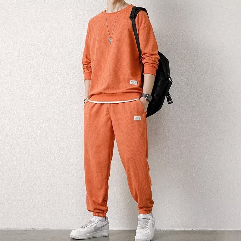 Spring and Autumn 2024 New Mens Long Sleeve Sweat Trousers Waffley Casual Sports Student Youth Loose suit orange red 