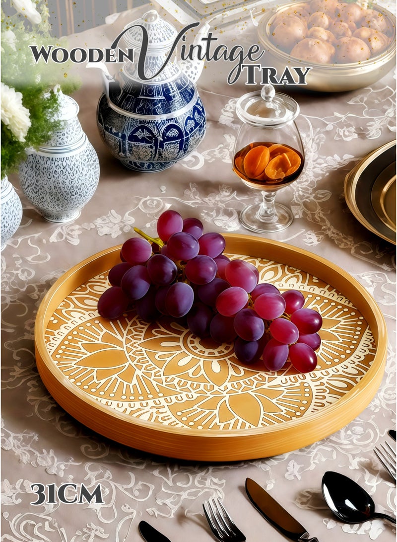 صينية خشبية بنية مستديرة بحجم 31 سم - صينية تقديم تقليدية مزخرفة لشهر رمضان، طبق حلوى، طبق عرض للديكور، للدخول، منظم طاولة الطعام، الحلويات، الفواكه، المجوهرات، منظم العطور، التصميم الكلاسيكي، متين وسهل التنظيف - Image 1