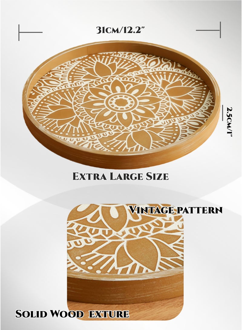 صينية خشبية بنية مستديرة بحجم 31 سم - صينية تقديم تقليدية مزخرفة لشهر رمضان، طبق حلوى، طبق عرض للديكور، للدخول، منظم طاولة الطعام، الحلويات، الفواكه، المجوهرات، منظم العطور، التصميم الكلاسيكي، متين وسهل التنظيف - Image 2