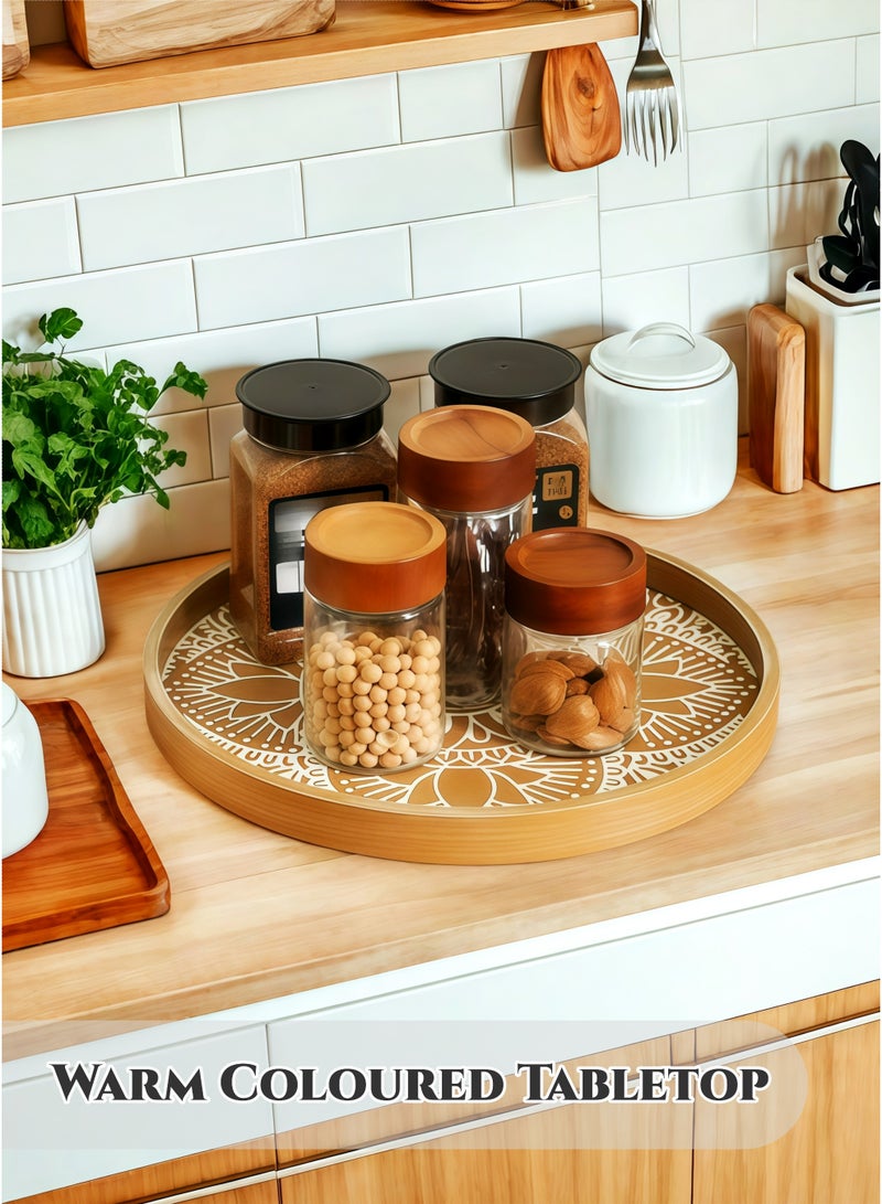 صينية خشبية بنية مستديرة بحجم 31 سم - صينية تقديم تقليدية مزخرفة لشهر رمضان، طبق حلوى، طبق عرض للديكور، للدخول، منظم طاولة الطعام، الحلويات، الفواكه، المجوهرات، منظم العطور، التصميم الكلاسيكي، متين وسهل التنظيف - Image 3