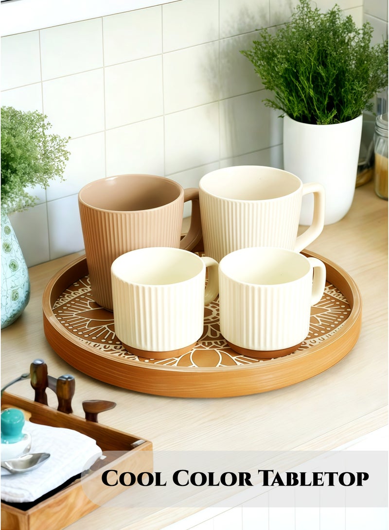 صينية خشبية بنية مستديرة بحجم 31 سم - صينية تقديم تقليدية مزخرفة لشهر رمضان، طبق حلوى، طبق عرض للديكور، للدخول، منظم طاولة الطعام، الحلويات، الفواكه، المجوهرات، منظم العطور، التصميم الكلاسيكي، متين وسهل التنظيف - Image 4