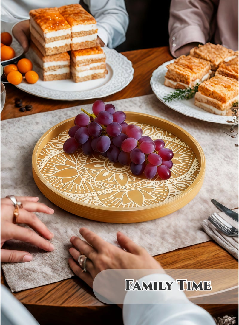 صينية خشبية بنية مستديرة بحجم 31 سم - صينية تقديم تقليدية مزخرفة لشهر رمضان، طبق حلوى، طبق عرض للديكور، للدخول، منظم طاولة الطعام، الحلويات، الفواكه، المجوهرات، منظم العطور، التصميم الكلاسيكي، متين وسهل التنظيف - Image 5