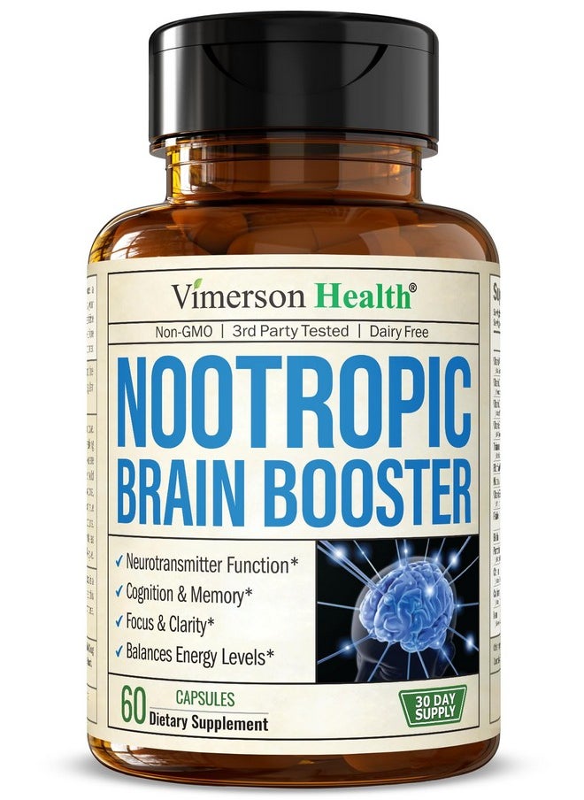 Vimerson Health - Nootropics Brain Support Supplement - Nootropic Brain Booster for Improved Focus, Concentration & Memory. Brain Nootropic for Brain Health, Mood & Energy Support. Non-GMO. Made in the USA. 60 Capsules - Image 1