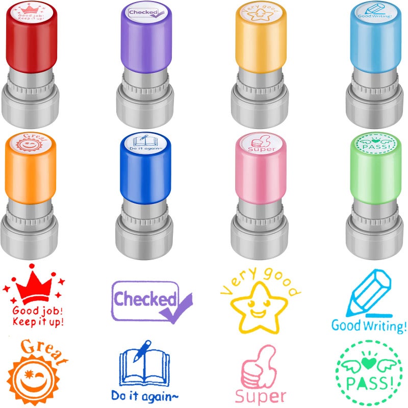 Leinuosen 8 Pack Teacher Stamps Self Inking Stamp Colorful Set for Teacher Grading Motivation Parent Signature Homework Picture Supplies - Image 1
