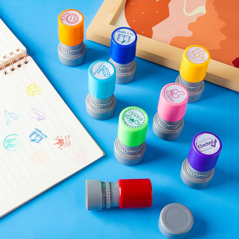 Leinuosen 8 Pack Teacher Stamps Self Inking Stamp Colorful Set for Teacher Grading Motivation Parent Signature Homework Picture Supplies - Image 3