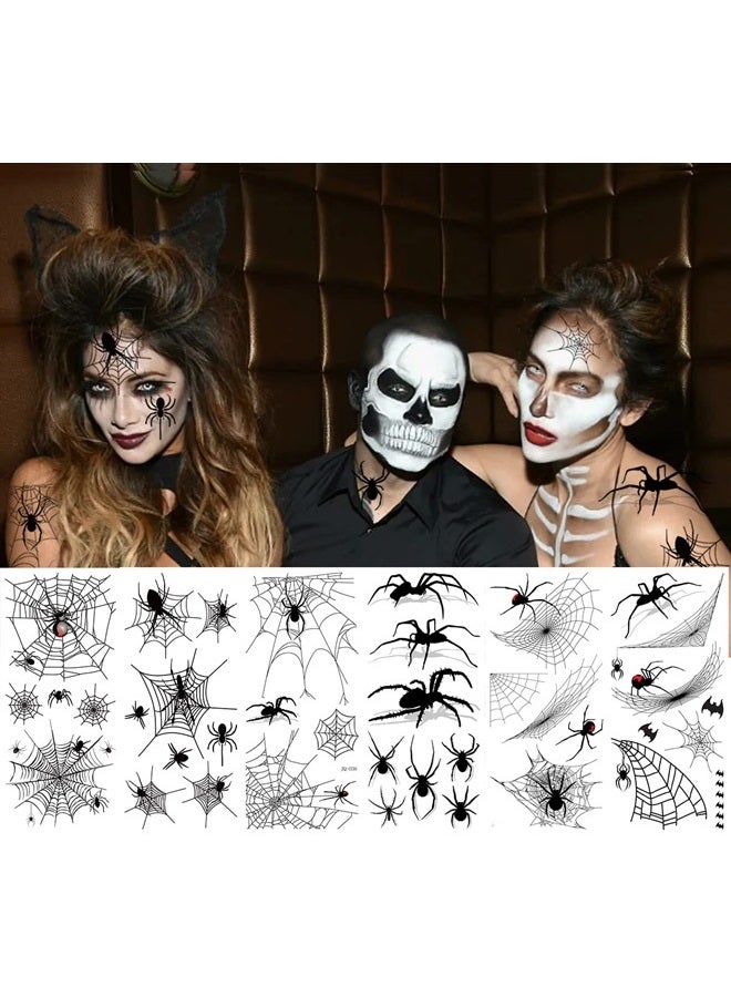 Furimuk 6 Sheets Large 3D Spider Web Temporary Tattoos Sticker Halloween Makeup Kit Realistic Witch Bat Zombie Fake Face Tattoos for Women Kids Adults Scary Halloween Spiderweb Decals - Image 1