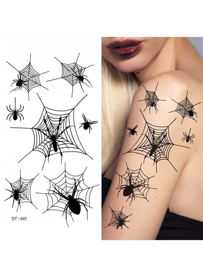 Furimuk 6 Sheets Large 3D Spider Web Temporary Tattoos Sticker Halloween Makeup Kit Realistic Witch Bat Zombie Fake Face Tattoos for Women Kids Adults Scary Halloween Spiderweb Decals - Image 2