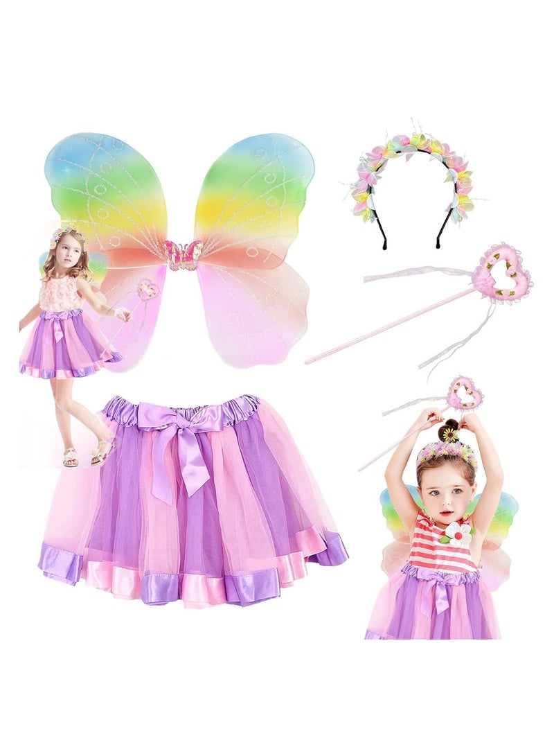 KASTWAVE Fairy Wings Costume Kids, 4 Pieces Costume Dress Princess Headband Butterfly Wing Magic Wand Tutu Skirt for Fancy Dressing up Clothes for Women Girls Carnival Party - Image 1