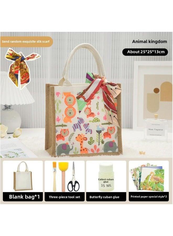 Thanksgiving Diy Handmade Butterfly Ancient Bart Canvas Tote Bag Sack Paste Group Building Parent-child Material Warm-up Field-Color:LB-N14 Animal Kingdom Materials Include Scissors Glue_vertical