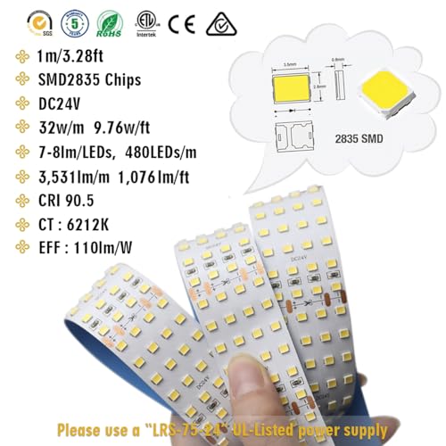 SuperlightingLED 2835 White High CRI 90 LED Strip Light - Bright Color Quad Row Flexible LED Tape Lights 24V- IP20-3,530 lm/m for LED Industrial and Photographic Lighting (1m/3.28' Daylight White) - Image 5
