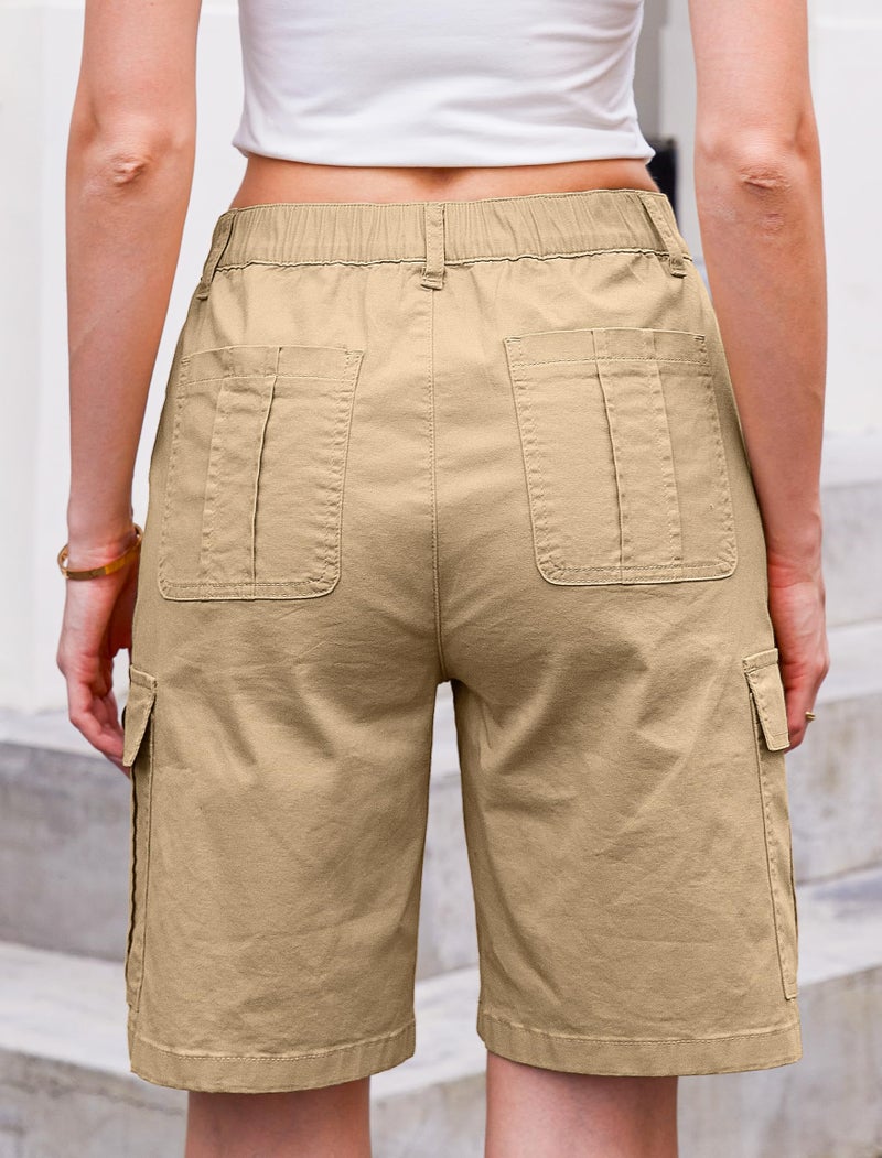 Eddoyee Bermuda Cargo Shorts for Women Casual Long Knee Length High Waisted Stretch Wide Leg Relaxed Fit(Khaki, Medium) - Image 2