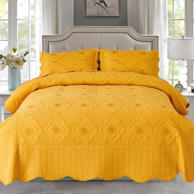 Cmfshape Floral Embroidery Quilt Set,3 Pieces Queen Quilt Bedding Set,Classic Diamond Pattern Quilts,Ultra Soft Lightweight Reversible Bedspread Coverlets for All Season(Gold,90"x90") - Image 1