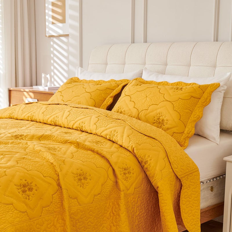 Cmfshape Floral Embroidery Quilt Set,3 Pieces Queen Quilt Bedding Set,Classic Diamond Pattern Quilts,Ultra Soft Lightweight Reversible Bedspread Coverlets for All Season(Gold,90"x90") - Image 3