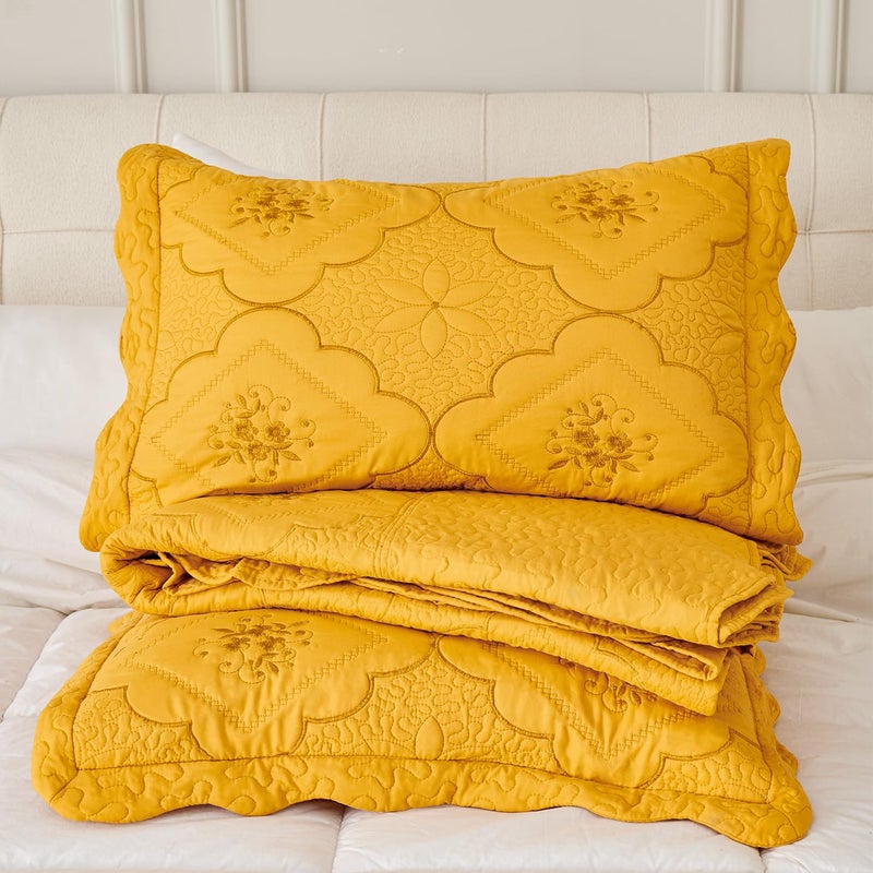 Cmfshape Floral Embroidery Quilt Set,3 Pieces Queen Quilt Bedding Set,Classic Diamond Pattern Quilts,Ultra Soft Lightweight Reversible Bedspread Coverlets for All Season(Gold,90"x90") - Image 5