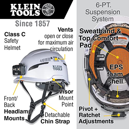 Klein Tools 60526 Safety Helmet Type2 Safety Helmet with Rechargeable Headlamp Vented Class C White - Image 3