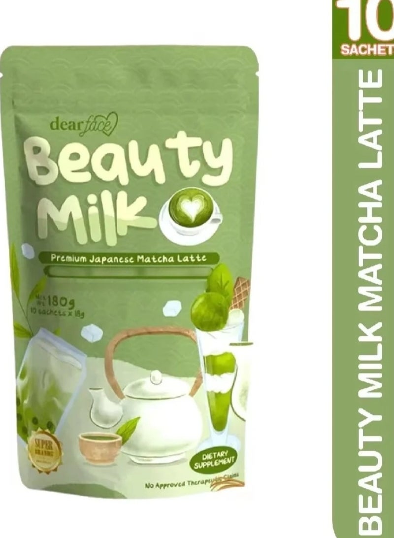 dear face Beauty Milk Matcha Latte Flavor Green Tea Glutathione Antioxidant Drink 10 sachets Whitens - Image 1