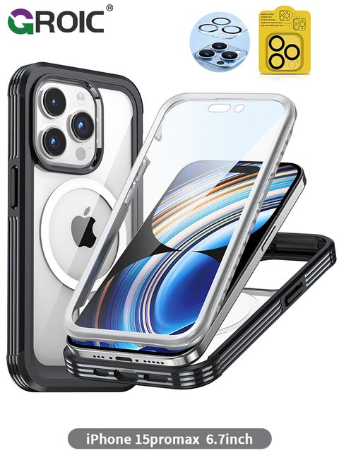 For iPhone 15 Pro Max Case [Compatible with MagSafe] Full-Body Magnetic Bumper Shell with Built-in 9H Tempered Glass Screen Protector and Camera Lens Protector,Shockproof Bumper Phone Cover