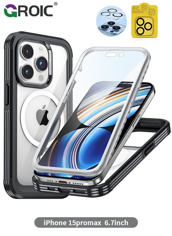 For iPhone 15 Pro Max Case [Compatible with MagSafe] Full-Body Magnetic Bumper Shell with Built-in 9H Tempered Glass Screen Protector and Camera Lens Protector,Shockproof Bumper Phone Cover