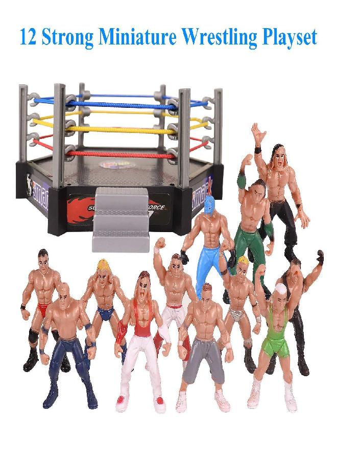 HAPTIME 32 Pcs Wrestling Toys for Kids, Mini Wrestlers Playset with 12 Wrestling Action Figures, 2 Wrestling Ring, Many Realistic Accessories, Birthday Gift for Boys and Girls, Great for Cake Toppers - Image 3