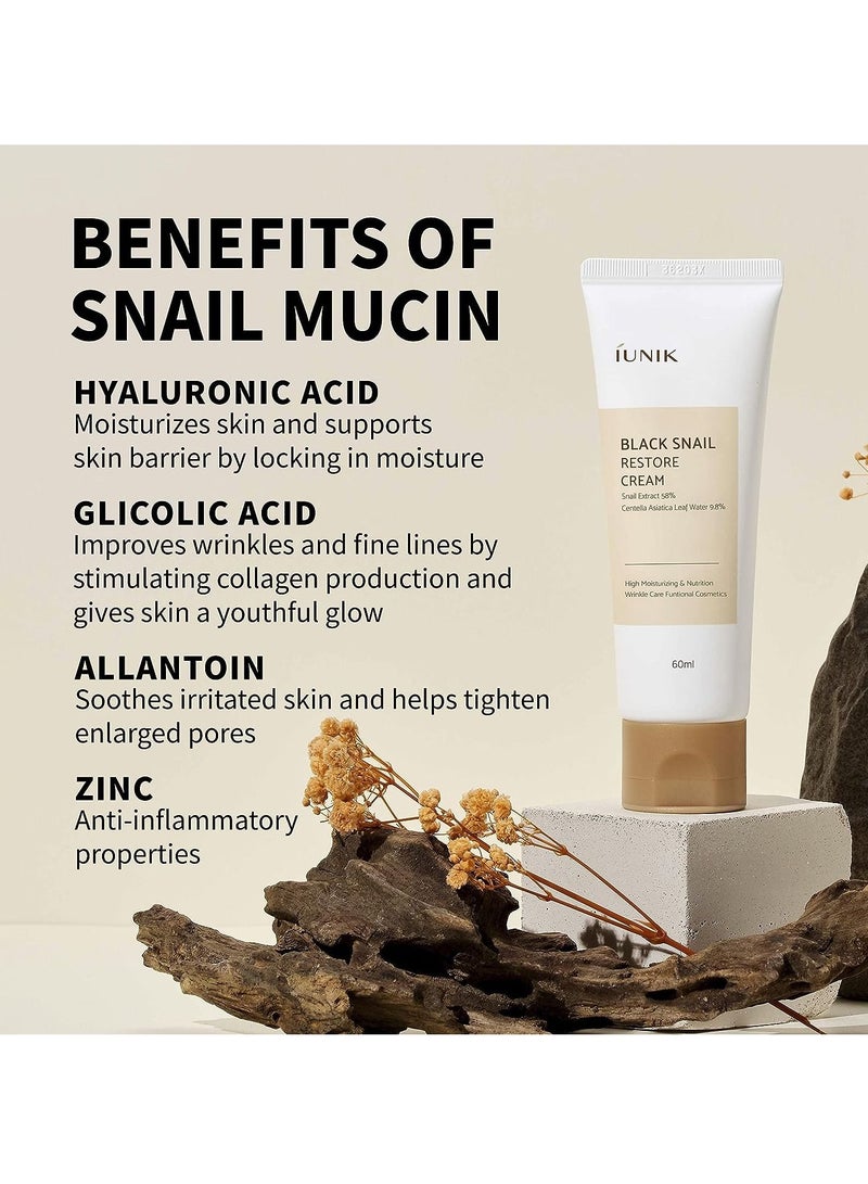 iUNIK Black Snail Restore Cream, 2.02 Fl Oz - 58% Black Snail Mucin Secretion Filtrate Soothing, Reduce & Fine Lines Deeply Nourishing and Moisturizing - Image 2