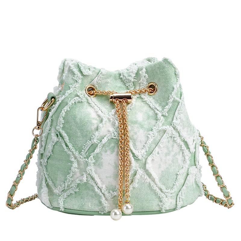Extolove Denim Bucket Bag Quilted Drawstring Jean Purses for Women Denim Clutch Hobo Bags Crossbody Handbag (Green & White) - Image 1