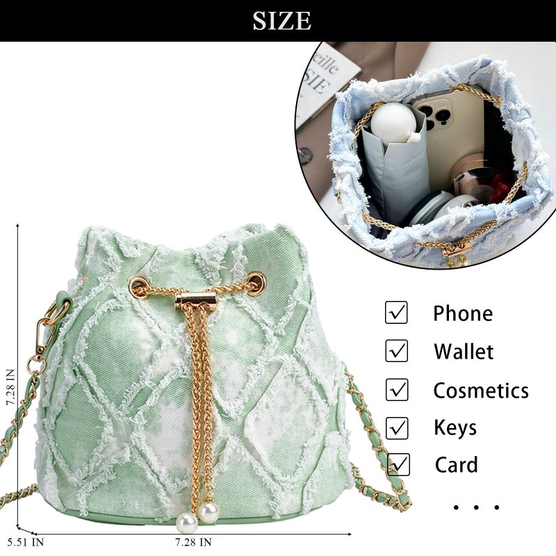 Extolove Denim Bucket Bag Quilted Drawstring Jean Purses for Women Denim Clutch Hobo Bags Crossbody Handbag (Green & White) - Image 4