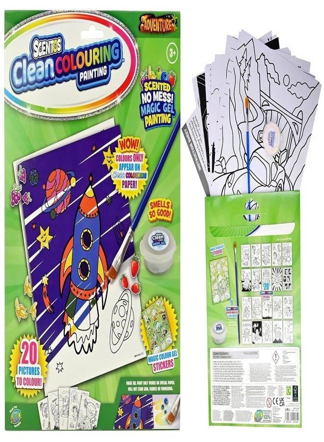 سينتوس مجموعة مغامرات الرسم بالجل السحري Scentos CleanColouring™ من Fratelli | ٢٠ صورة للتلوين، ملصقات كشف الألوان، طلاء جل سحري، وفرشاة طلاء جل سحري بدون فوضى - Image 1
