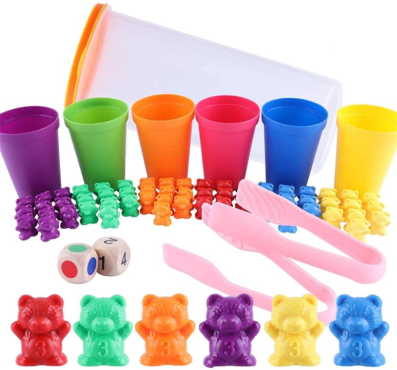 Strong 71pcs Rainbow Counting Bears Set with Storage Bag, Matching Sorting Cups, Bear Counters and Dice Math Toddler Games