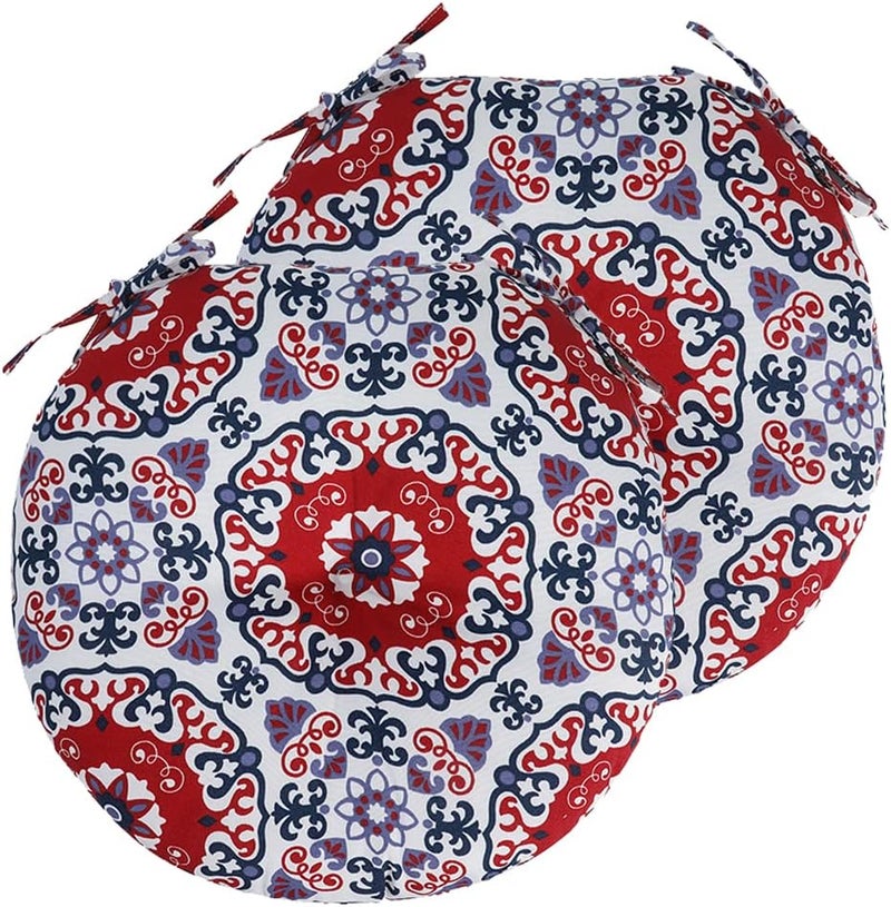 FUNHOME Bistro Chair Cushions 15 inch,Set of 2,Tufted Round Chair Cushions with Ties,15"x15"x4",Water Resistant Round Seat Cushion for Barstool Chairs,Patio Garden Kitchen Outdoor Furniture(Red Medal) - Image 2
